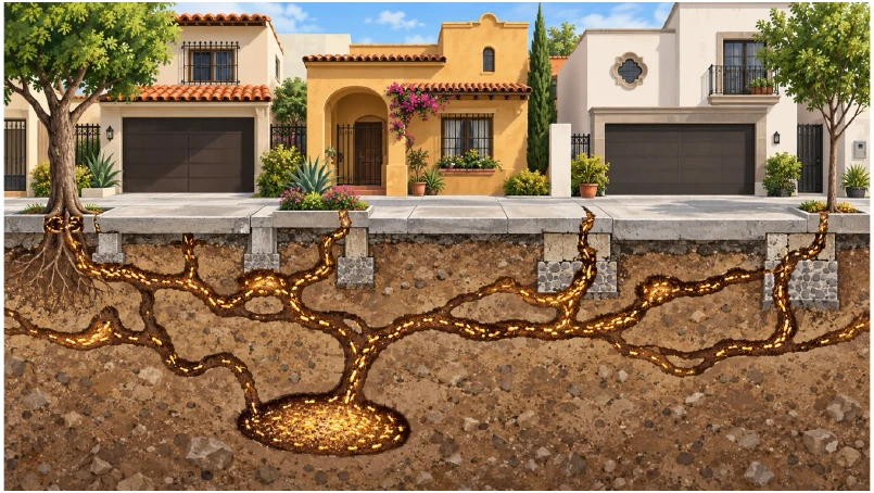 Ilustración de colonias de termitas desplazándose por debajo de varias viviendas